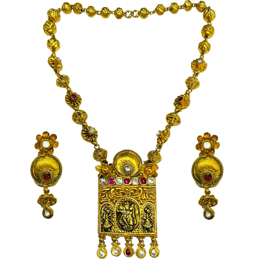 Nex Jewellers One Gram Micro Gold Rajputana Rajasthani Traditional Ethnic Rajwadi Gold Plated Pearl Long Necklace Set Gold Plated Beaded Rani Haar Necklace Set Earring for Women