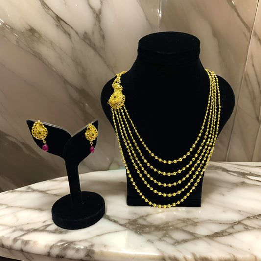 Nex JewellersOne Gram Gold with Brass Necklace & Earring Set for Women, Latest Stylish 5 String Gold Plated Necklace Traditional Necklace Jewellery Festive Wedding Party Necklace