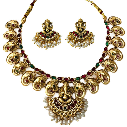Nex Jewellers Micro Gold Plated Choker Traditional Jewellery Set for Women | Ganesh Necklace Temple jewellery set Festive Wedding Party Necklace | Like Original Gold Jewellery