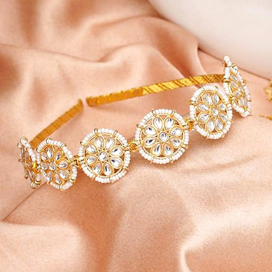 Nex Jewellers Floral Kundan Studded Matha Patti Sheesh Wedding Hairband Traditional Golden Celebrity Headband Hair accessory Jewellery for Women and Girls Non-Slip Unisex Fashion Adjustable Hoop Band (Pack of 2)