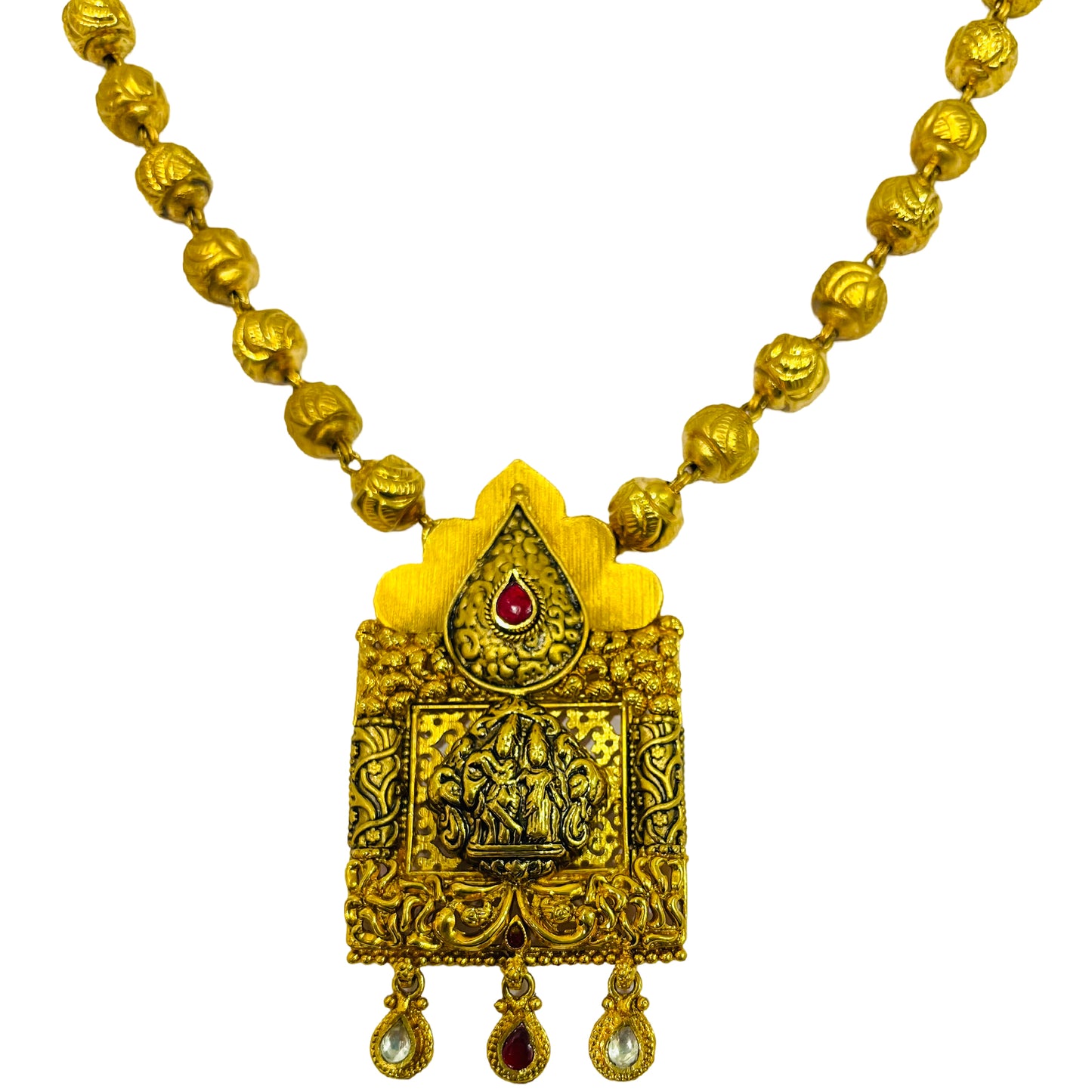 Nex Jewellers One Gram Micro Gold Rajputana Rajasthani Traditional Ethnic Rajwadi Gold Plated Pearl Long Necklace Set Gold Plated Beaded Rani Haar Necklace Set Earring for Women