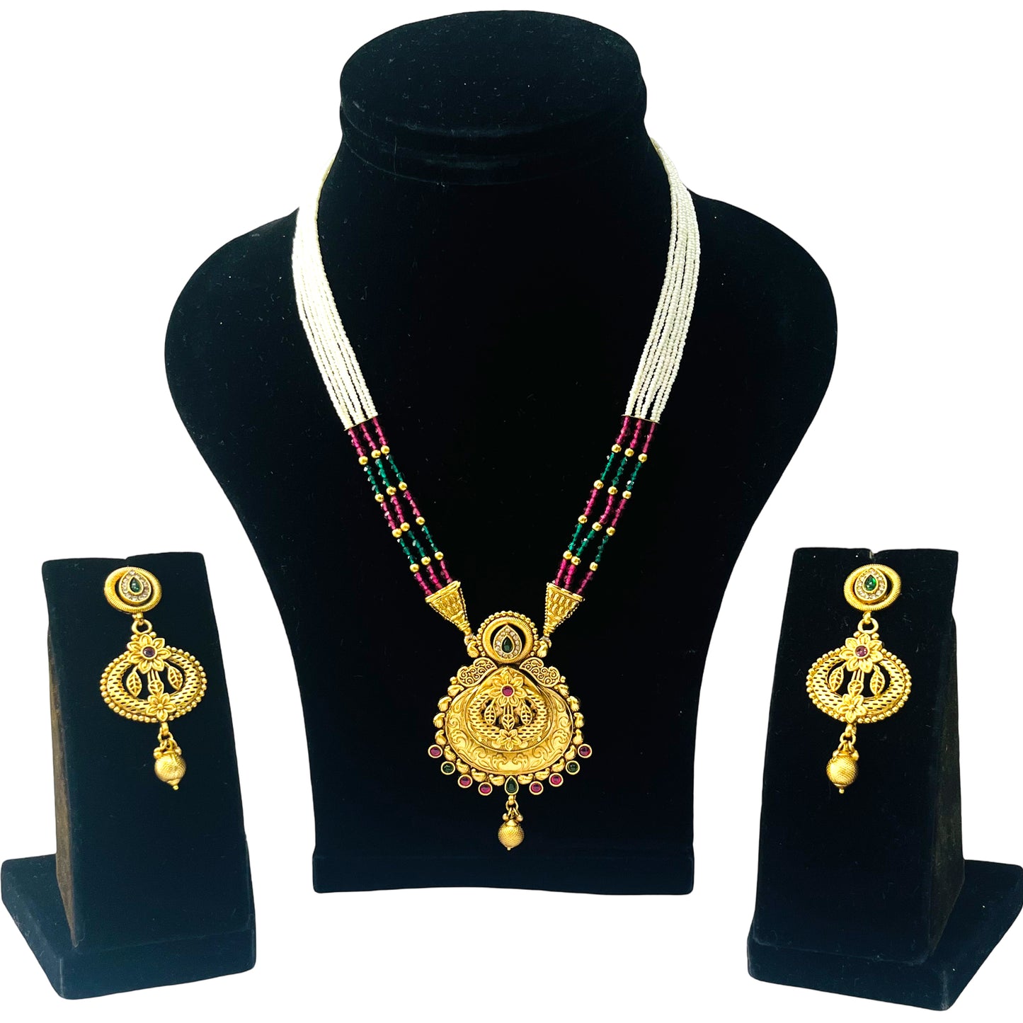 Nex Jewellers Womens Artificial Jadau Jewellery Ethnic Rajwadi Gold Plated Pearl Long Necklace Set Gold Plated Pearl Beaded Rani Haar Necklace Set Earring for Women