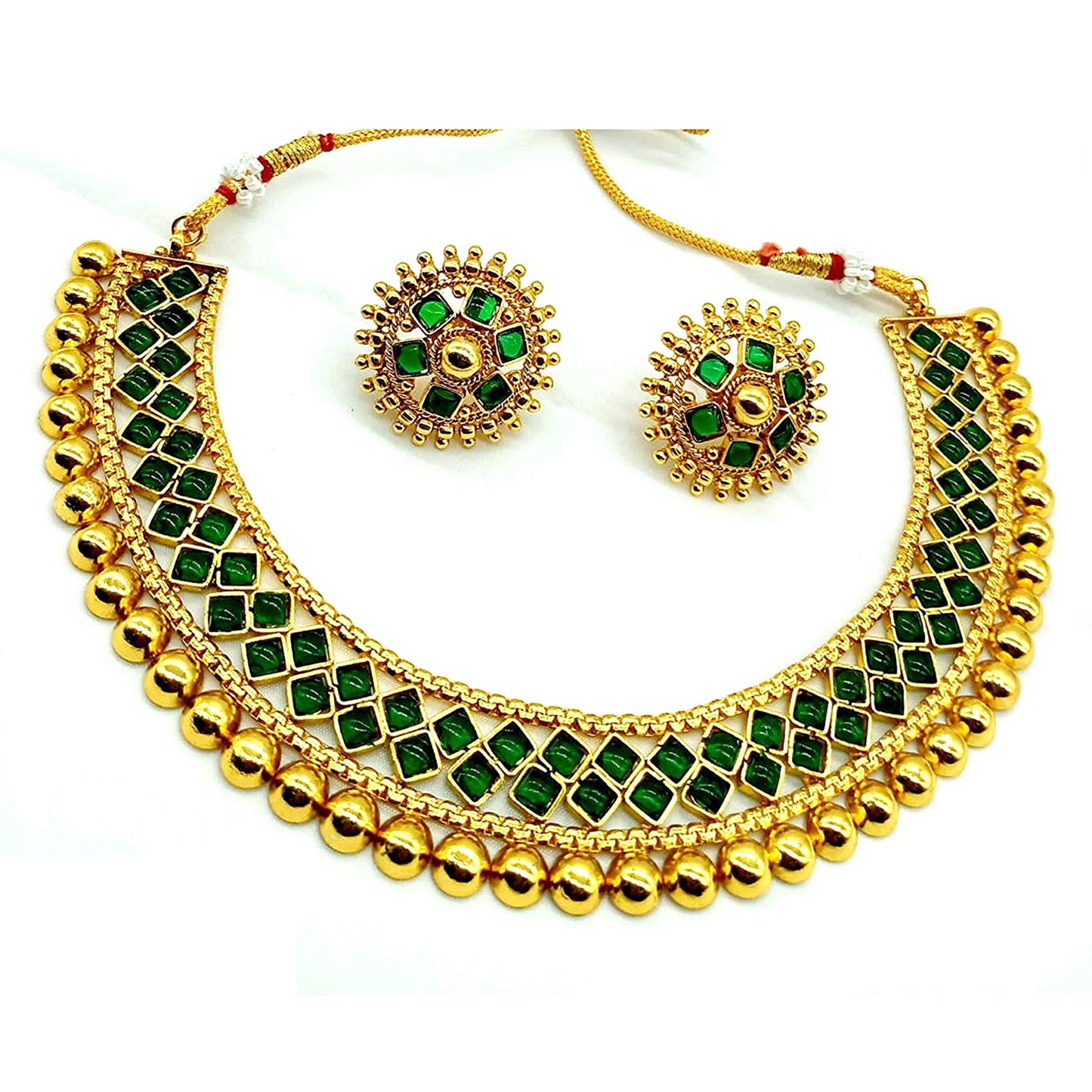 Nex Jewellers Green Meenakari Kundan Bridal Long Dazzling Necklace Earring Set jewellery for Women Gold Tone Designer Peacock, Flower Kundan Artificial Stones & Pearls Drop Bridal Necklace for Women