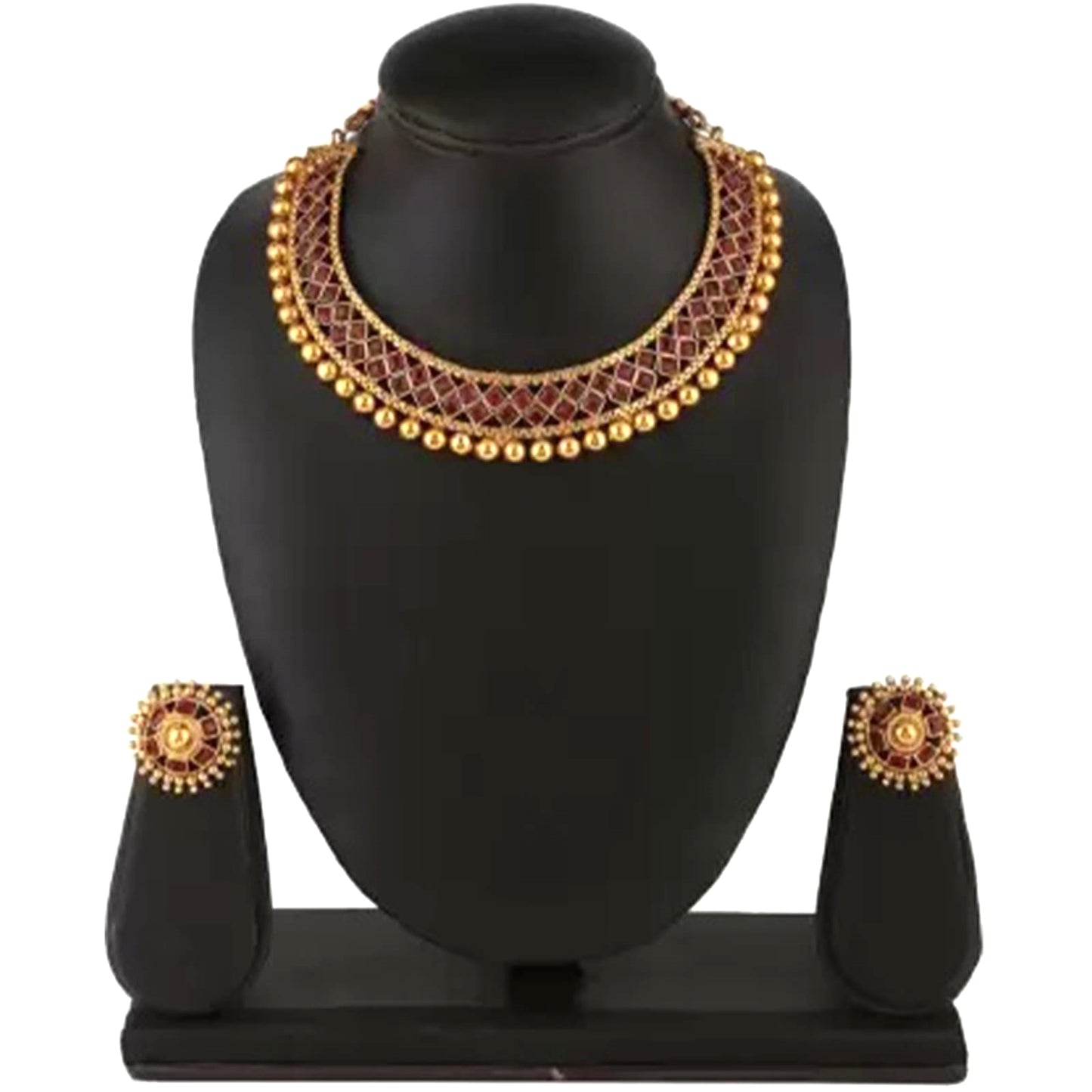 Nex Jewellers Red Meenakari Kundan Bridal Long Dazzling Necklace Earring Set jewellery for Women Gold Tone Designer Peacock, Flower Kundan Artificial Stones & Pearls Drop Bridal Necklace for Women