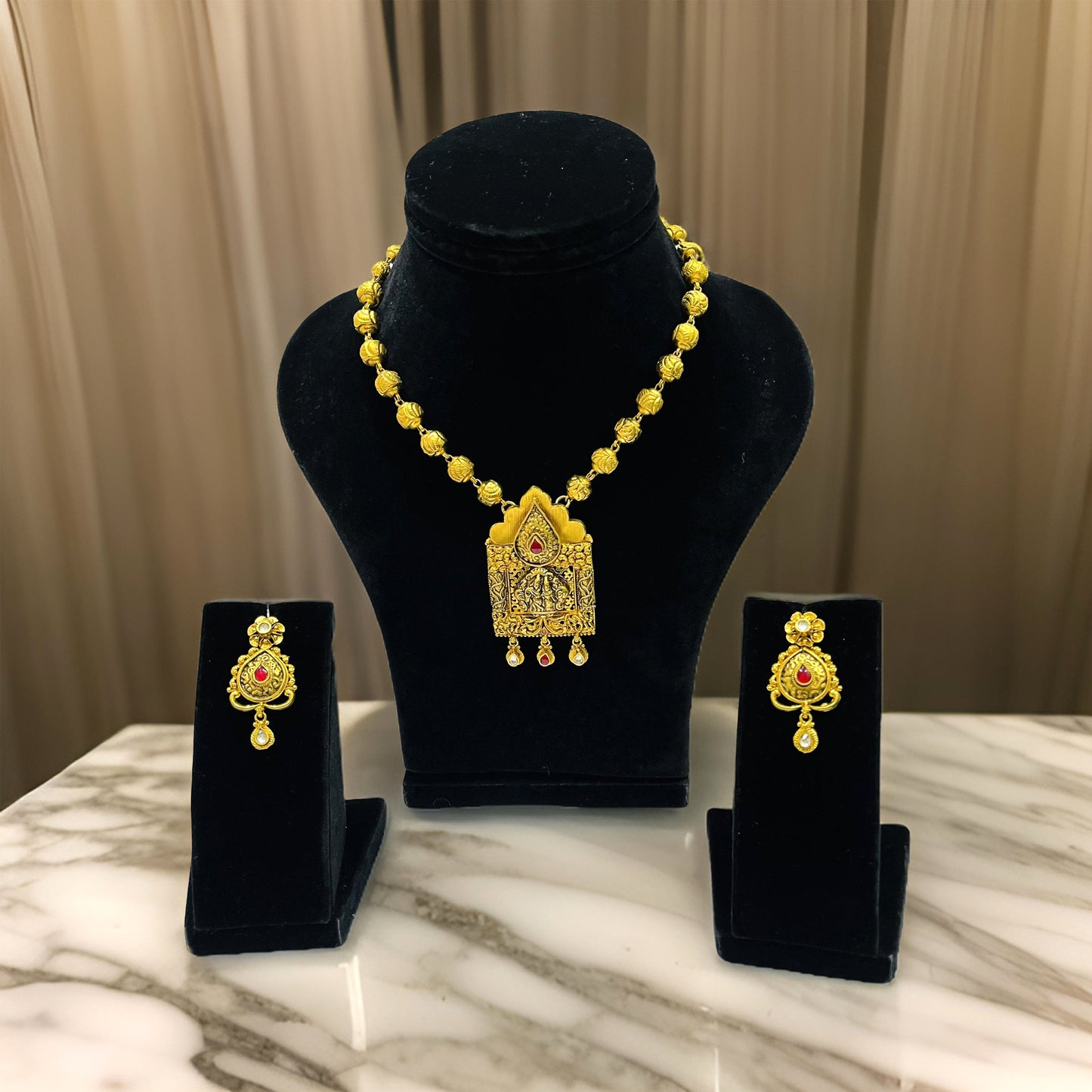 Nex Jewellers One Gram Micro Gold Rajputana Rajasthani Traditional Ethnic Rajwadi Gold Plated Pearl Long Necklace Set Gold Plated Beaded Rani Haar Necklace Set Earring for Women