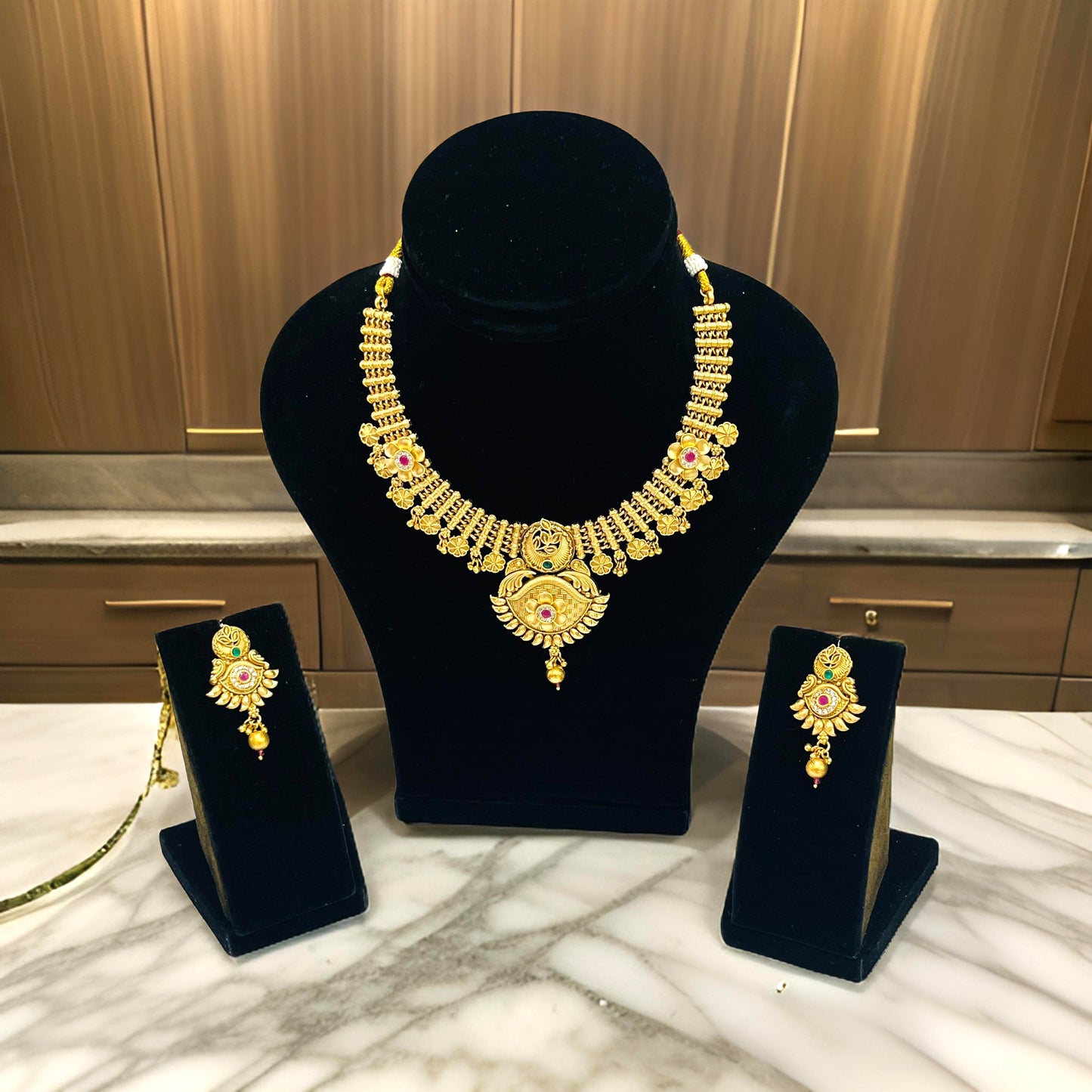 Nex Jewellers One Gram Micro Gold Plated Traditional South Indian Fashion Jewellery Stylish Ruby Emrald Stone Long Haram Set for Women & Girls