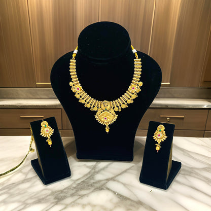 Nex Jewellers One Gram Micro Gold Plated Traditional South Indian Fashion Jewellery Stylish Ruby Emrald Stone Long Haram Set for Women & Girls