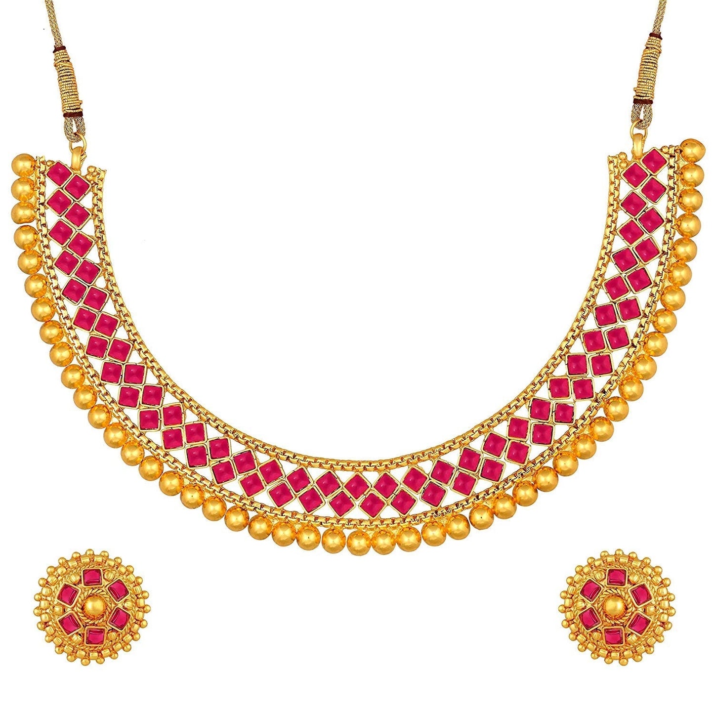 Nex Jewellers Red Meenakari Kundan Bridal Long Dazzling Necklace Earring Set jewellery for Women Gold Tone Designer Peacock, Flower Kundan Artificial Stones & Pearls Drop Bridal Necklace for Women