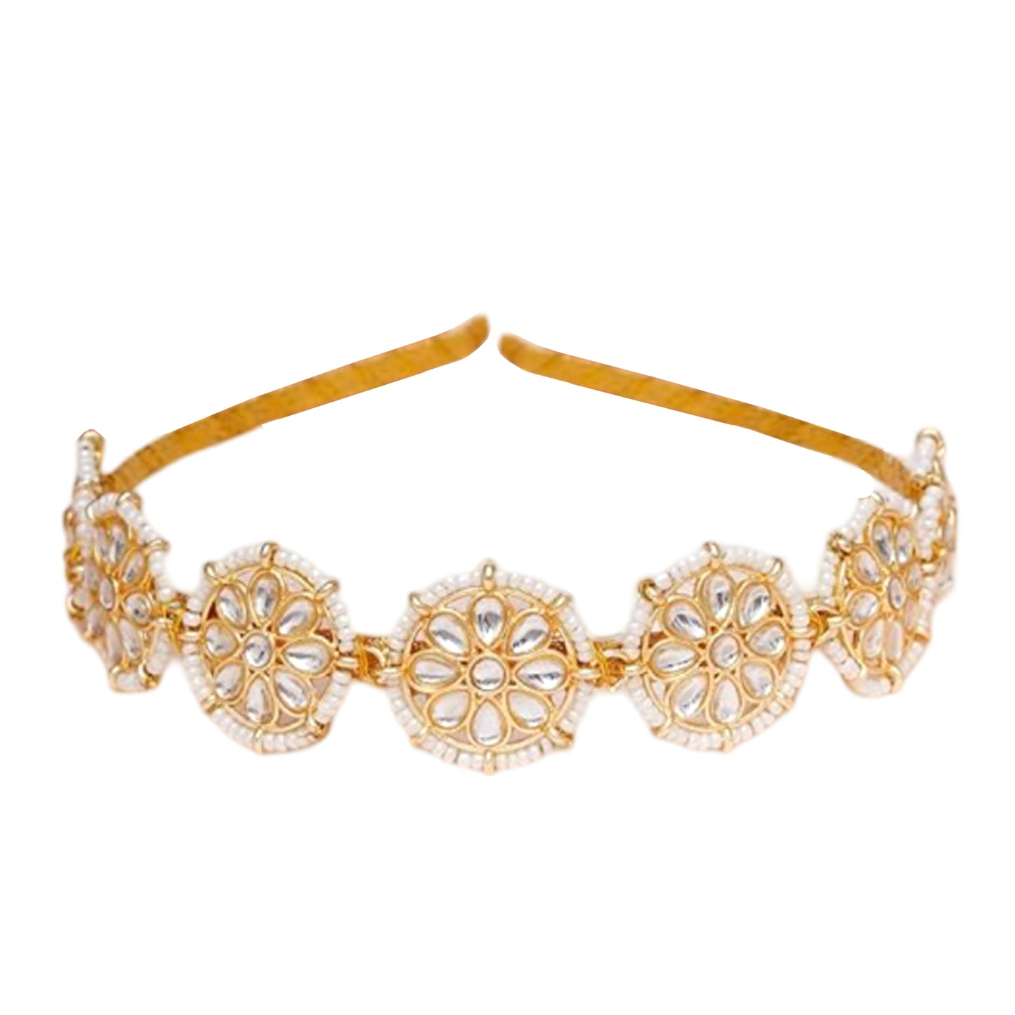 Nex Jewellers Floral Kundan Studded Matha Patti Sheesh Wedding Hairband Traditional Golden Celebrity Headband Hair accessory Jewellery for Women and Girls Non-Slip Unisex Fashion Adjustable Hoop Band (Pack of 2)