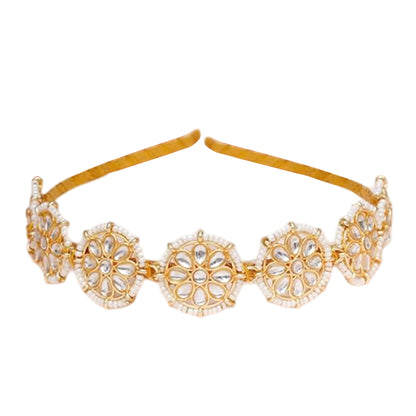 Nex Jewellers Floral Kundan Studded Matha Patti Sheesh Wedding Hairband Traditional Golden Celebrity Headband Hair accessory Jewellery for Women and Girls Non-Slip Unisex Fashion Adjustable Hoop Band (Pack of 2)