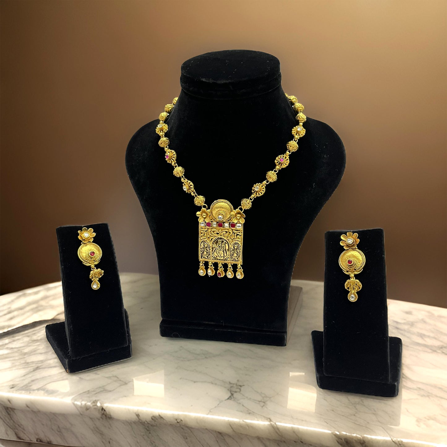 Nex Jewellers One Gram Micro Gold Rajputana Rajasthani Traditional Ethnic Rajwadi Gold Plated Pearl Long Necklace Set Gold Plated Beaded Rani Haar Necklace Set Earring for Women