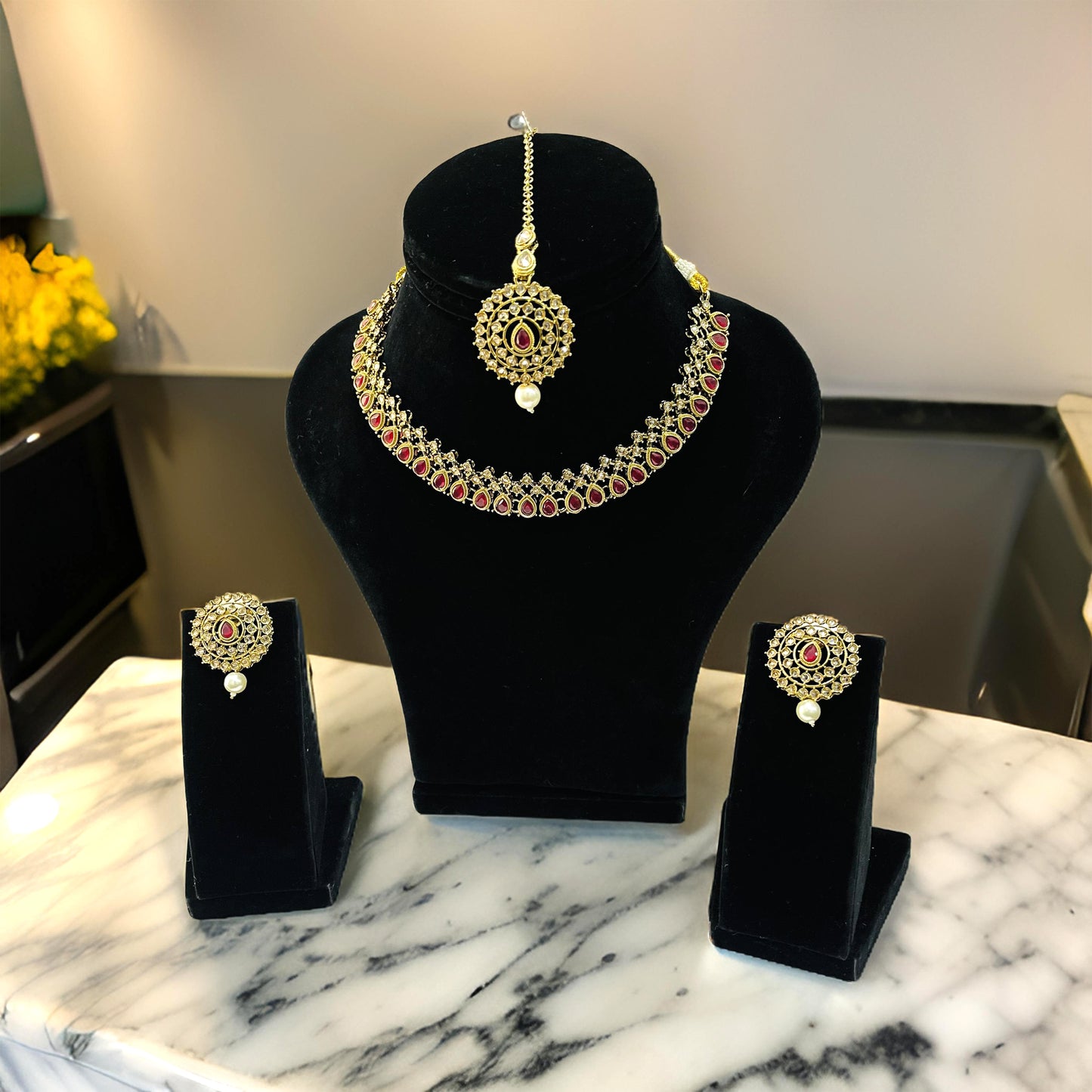 Nex Jewellers Maroon Beads luxurious Party jewellery Kundan crafted with design Polki stone Traditional Latest Stylish Antique Beautiful Meenakari Choker Necklace & Pearls wedding Earring Women