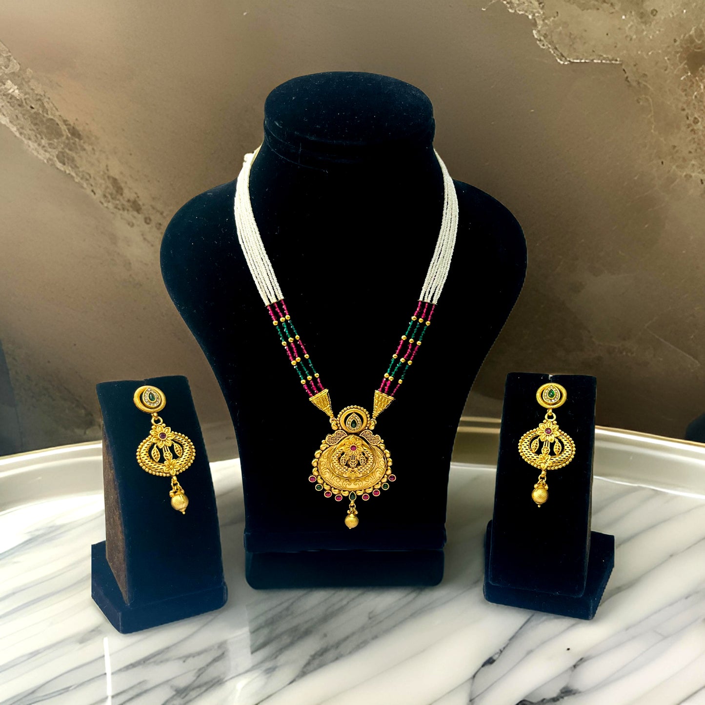 Nex Jewellers Womens Artificial Jadau Jewellery Ethnic Rajwadi Gold Plated Pearl Long Necklace Set Gold Plated Pearl Beaded Rani Haar Necklace Set Earring for Women