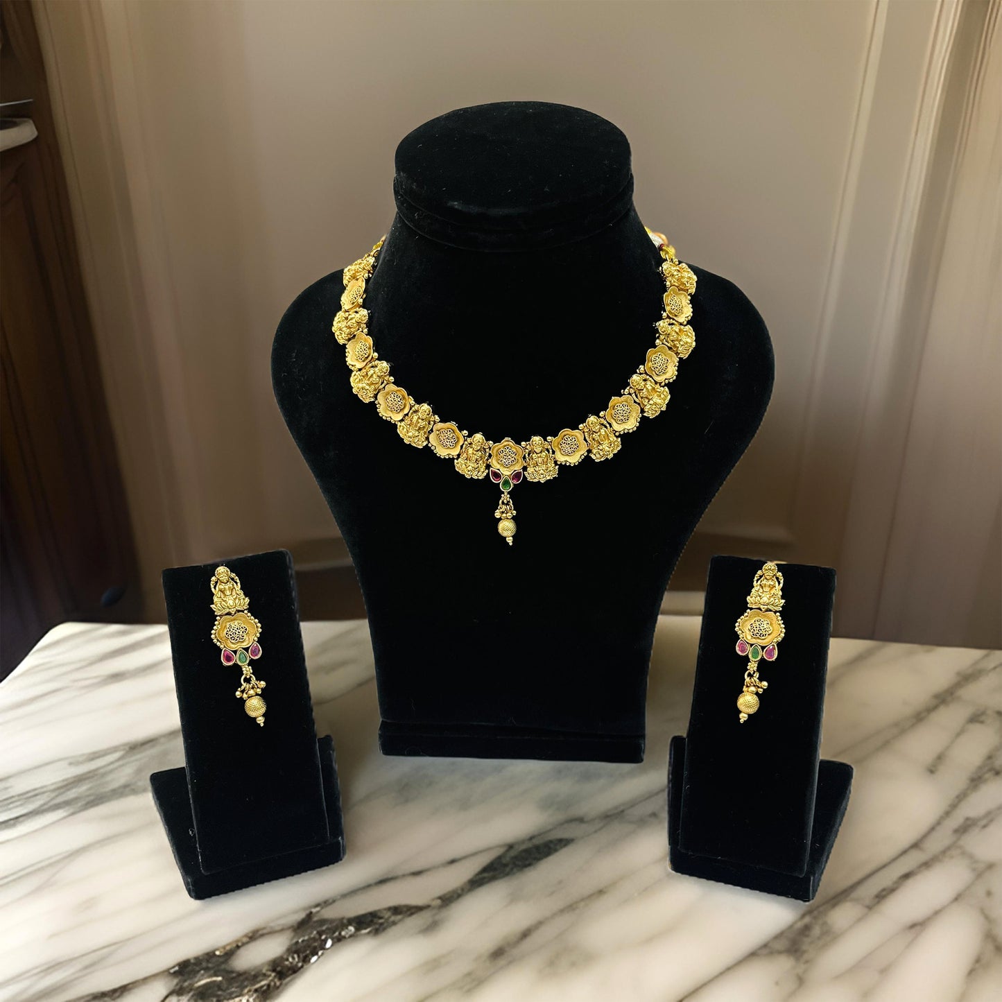 Nex Jewellers Latest Stylish Fancy Pearl Choker Traditional Jewellery Set for Women | Laxmi Necklace Set | Festive Wedding Party Necklace | 22k Gold Plated | Just Like Original Gold Jewellery
