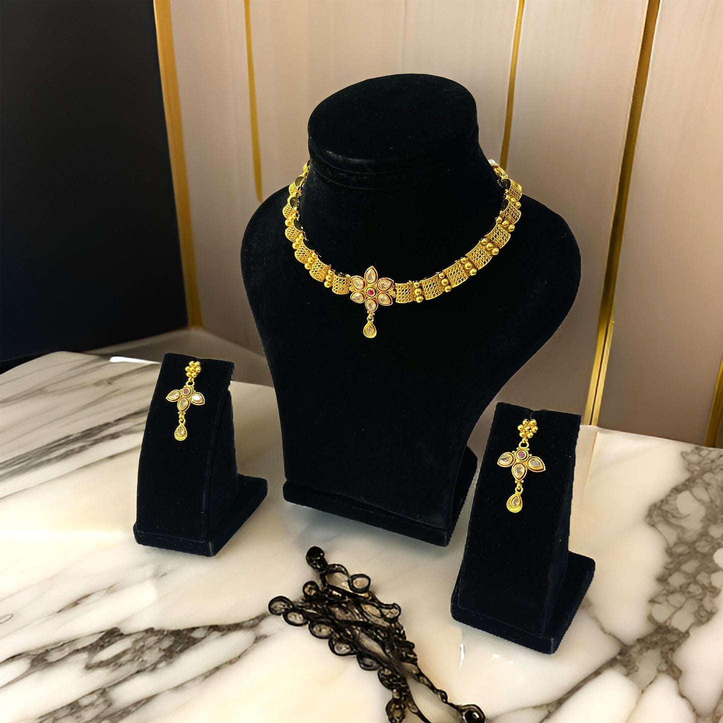 Nex Jewellers Latest Stylish one gram Gold Choker Traditional Jewellery Set for Women | Flower Necklace Set | Festive Wedding Party Necklace | Gold Plated | Like Original Gold Jewellery