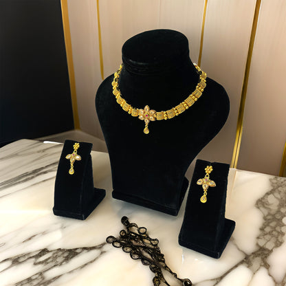 Nex Jewellers Latest Stylish one gram Gold Choker Traditional Jewellery Set for Women | Flower Necklace Set | Festive Wedding Party Necklace | Gold Plated | Like Original Gold Jewellery