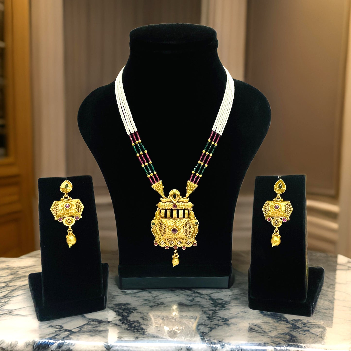 Nex Jewellers Womens Artificial Rajputana Rajasthani Traditional Ethnic Rajwadi Gold Plated Pearl Long Necklace Set Gold Plated Pearl Beaded Rani Haar Necklace Set Earring for Women