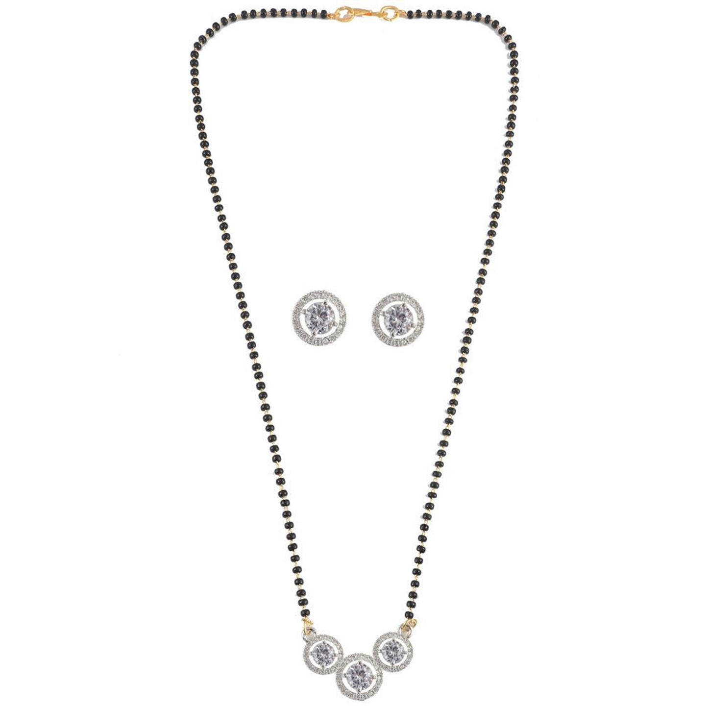 Nex Jewellers Traditional American Diamond Gold Plated Mangalsutra Tanmaniya For Women Pendant with  Black Beads Chain and Earrings Gold Plated South Indian Stylish Wedding Meenakari Maharashtrian