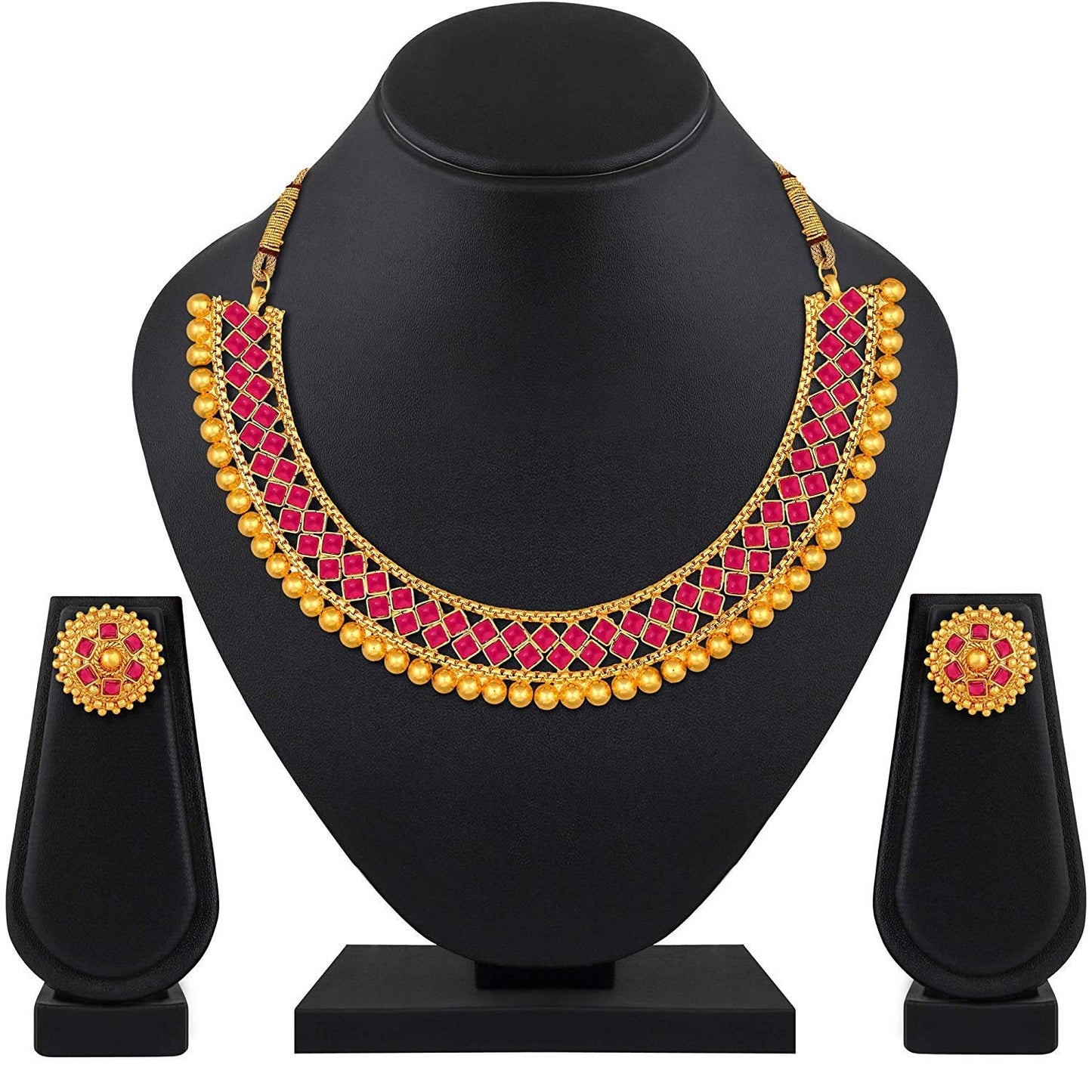 Nex Jewellers Red Meenakari Kundan Bridal Long Dazzling Necklace Earring Set jewellery for Women Gold Tone Designer Peacock, Flower Kundan Artificial Stones & Pearls Drop Bridal Necklace for Women