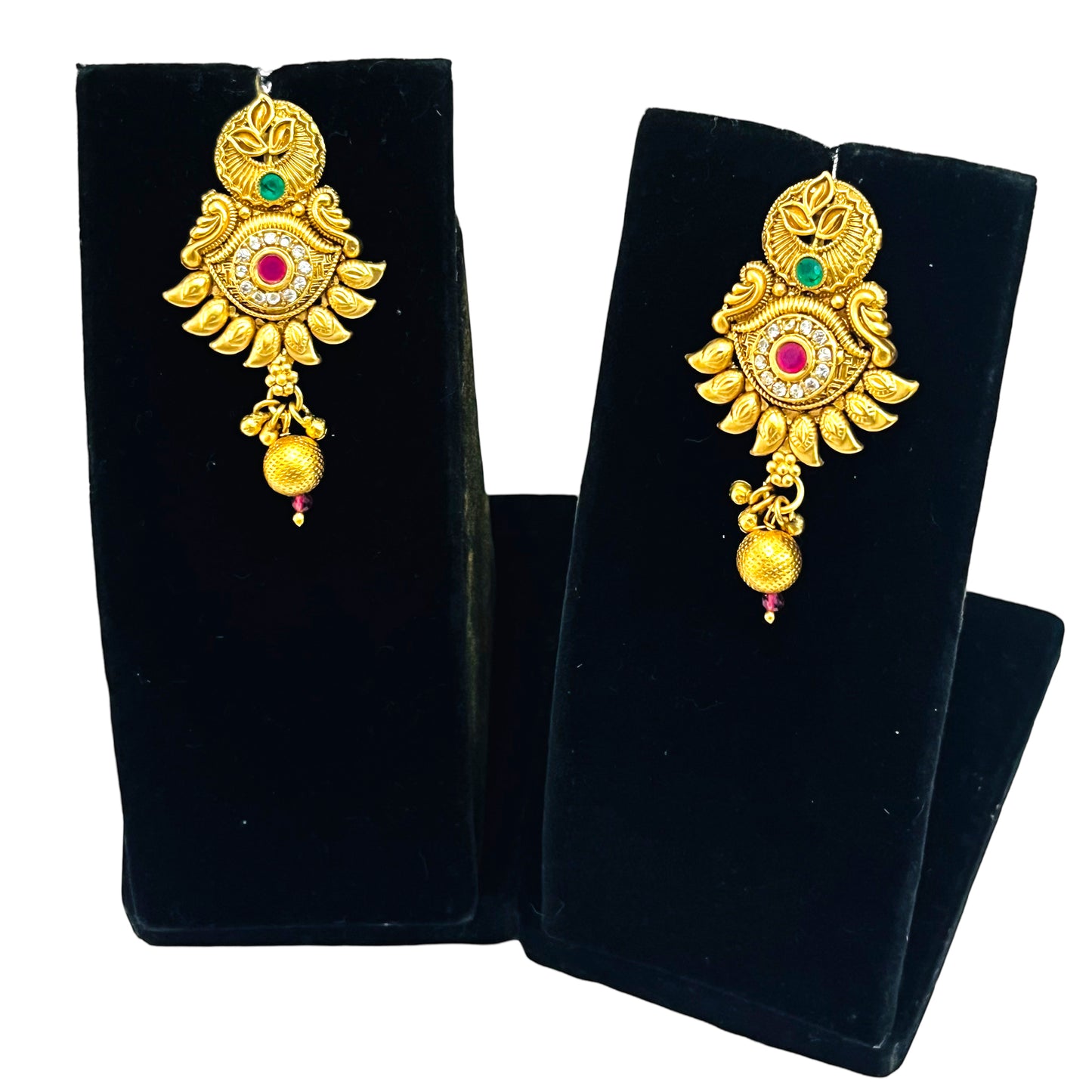 Nex Jewellers One Gram Micro Gold Plated Traditional South Indian Fashion Jewellery Stylish Ruby Emrald Stone Long Haram Set for Women & Girls