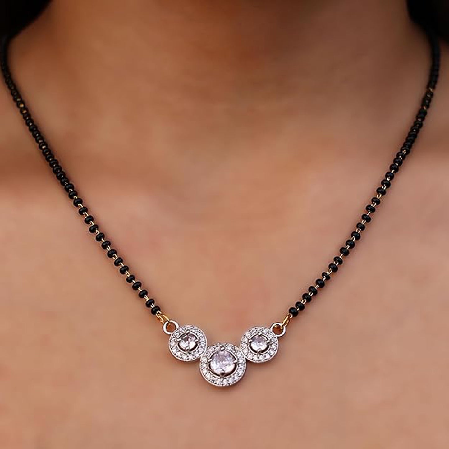 Nex Jewellers Traditional American Diamond Gold Plated Mangalsutra Tanmaniya For Women Pendant with  Black Beads Chain and Earrings Gold Plated South Indian Stylish Wedding Meenakari Maharashtrian