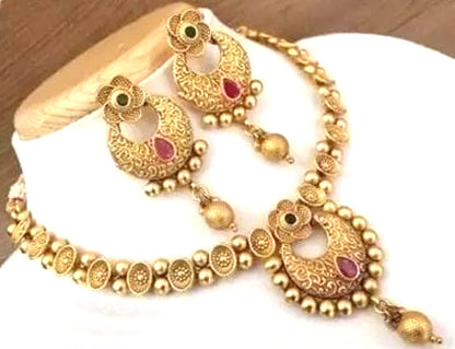 Nex JewellersGold Plated Latest Stylish Fancy Choker Traditional Necklace Jewellery Set for Women | Festive Wedding Party Necklace | Just Like Original Gold Jewellery | Temple Necklace Set