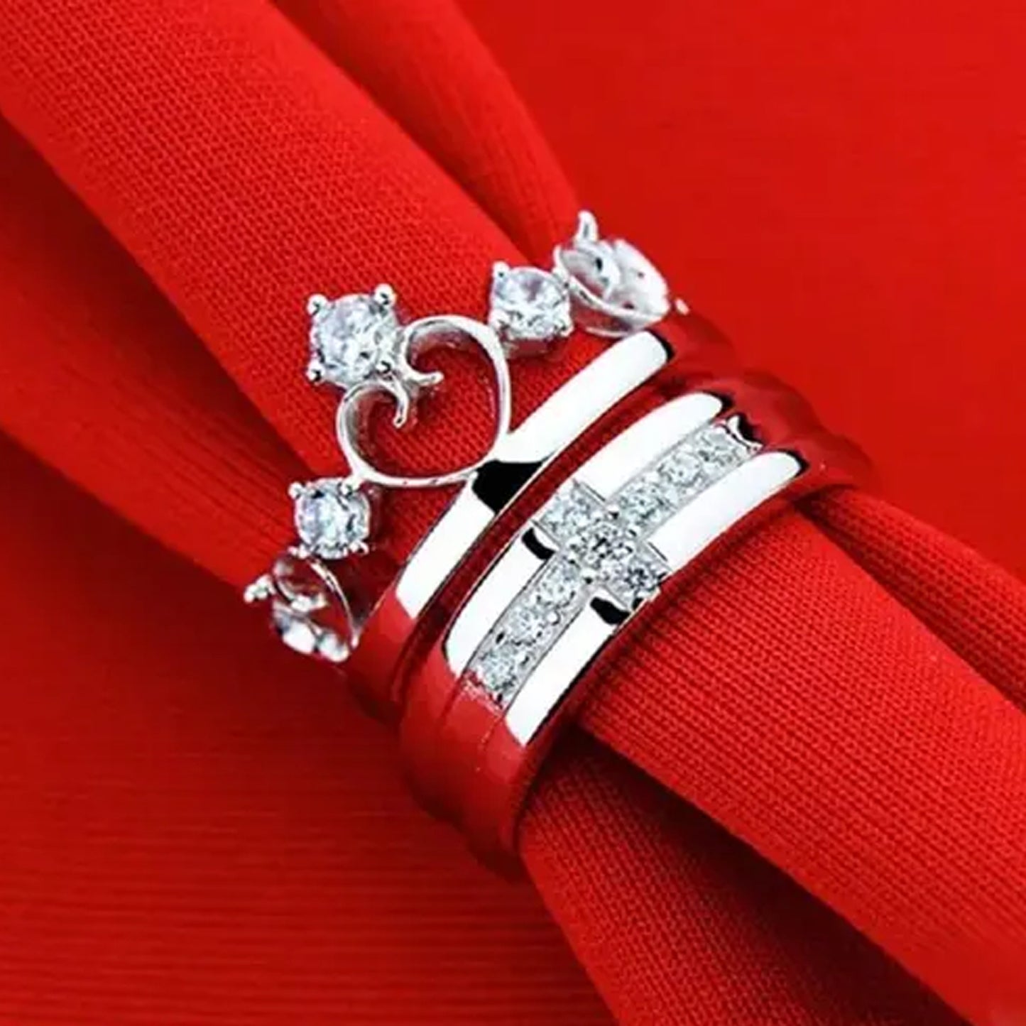 Nex Jewellers Platinum Plated American Crystal Crown Elegant Couple Adjustable Ring Gift Combo Stylish Valentine Gifts for Women Girls Men Boys Girlfriend Lovers Romantic Gift for Valentine Day
