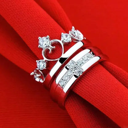 Nex Jewellers Platinum Plated American Crystal Crown Elegant Couple Adjustable Ring Gift Combo Stylish Valentine Gifts for Women Girls Men Boys Girlfriend Lovers Romantic Gift for Valentine Day