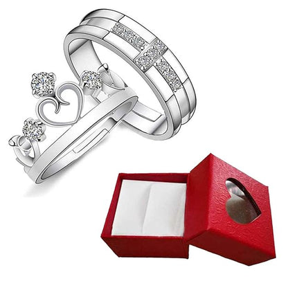 Nex Jewellers Platinum Plated American Crystal Crown Elegant Couple Adjustable Ring Gift Combo Stylish Valentine Gifts for Women Girls Men Boys Girlfriend Lovers Romantic Gift for Valentine Day