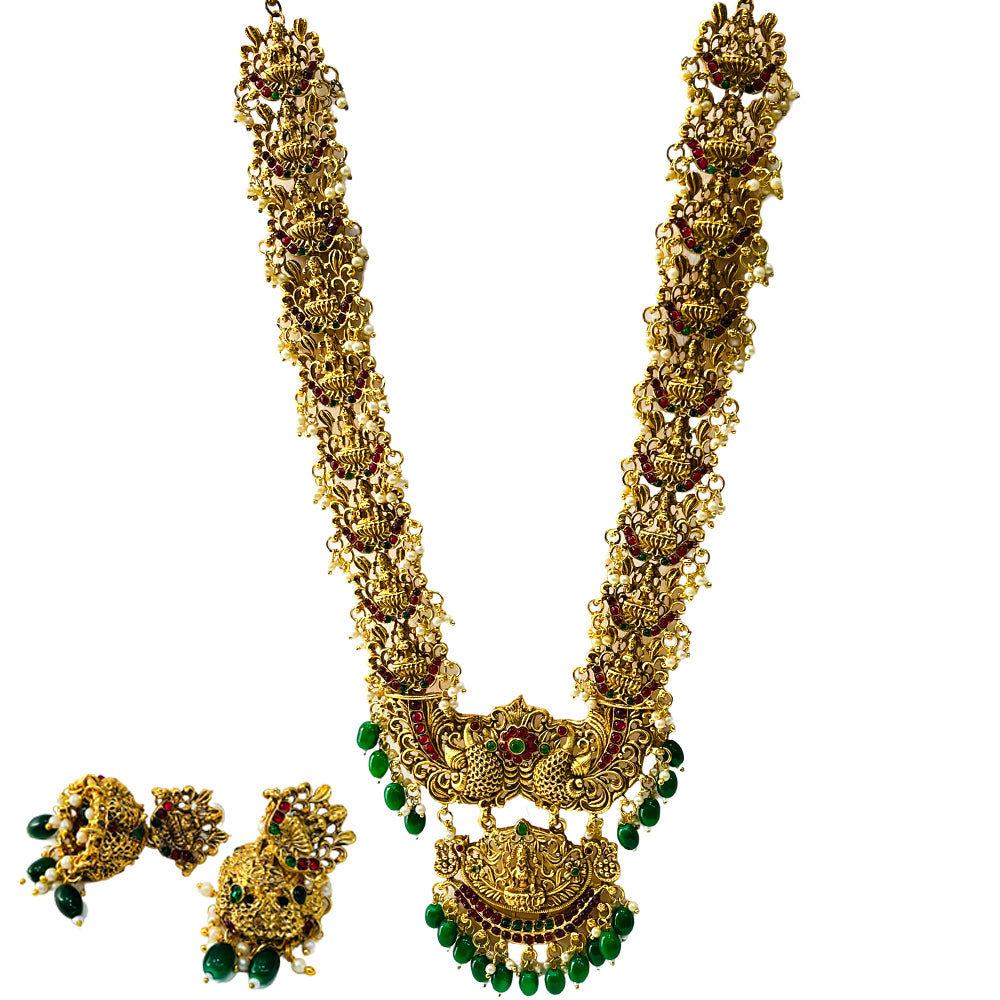 Nex Jewellers Rajputana Rajasthani Traditional Latest Stylish Antique Gold Plated Designer Peacock, Flower Long Kundan Choker Necklace Temple Bridal Necklace Earring Set for Women