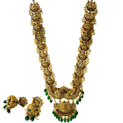 Nex Jewellers Rajputana Rajasthani Traditional Latest Stylish Antique Gold Plated Designer Peacock, Flower Long Kundan Choker Necklace Temple Bridal Necklace Earring Set for Women