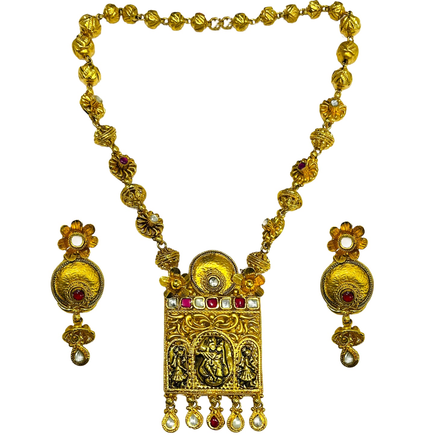 Nex Jewellers One Gram Micro Gold Rajputana Rajasthani Traditional Ethnic Rajwadi Gold Plated Pearl Long Necklace Set Gold Plated Beaded Rani Haar Necklace Set Earring for Women