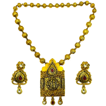 Nex Jewellers One Gram Micro Gold Rajputana Rajasthani Traditional Ethnic Rajwadi Gold Plated Pearl Long Necklace Set Gold Plated Beaded Rani Haar Necklace Set Earring for Women