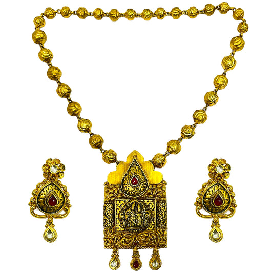 Nex Jewellers One Gram Micro Gold Rajputana Rajasthani Traditional Ethnic Rajwadi Gold Plated Pearl Long Necklace Set Gold Plated Beaded Rani Haar Necklace Set Earring for Women