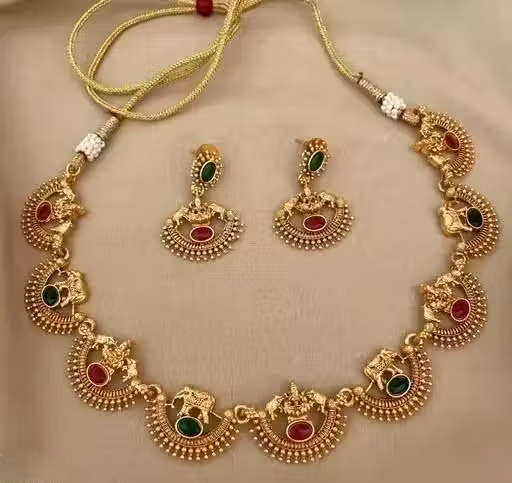 Nex Jewellers Latest Stylish Fancy Pearl Choker Traditional Jewellery Set for Women | Temple Necklace Set | Festive Wedding Party Necklace | Just Like Original Gold Plated Jewellery