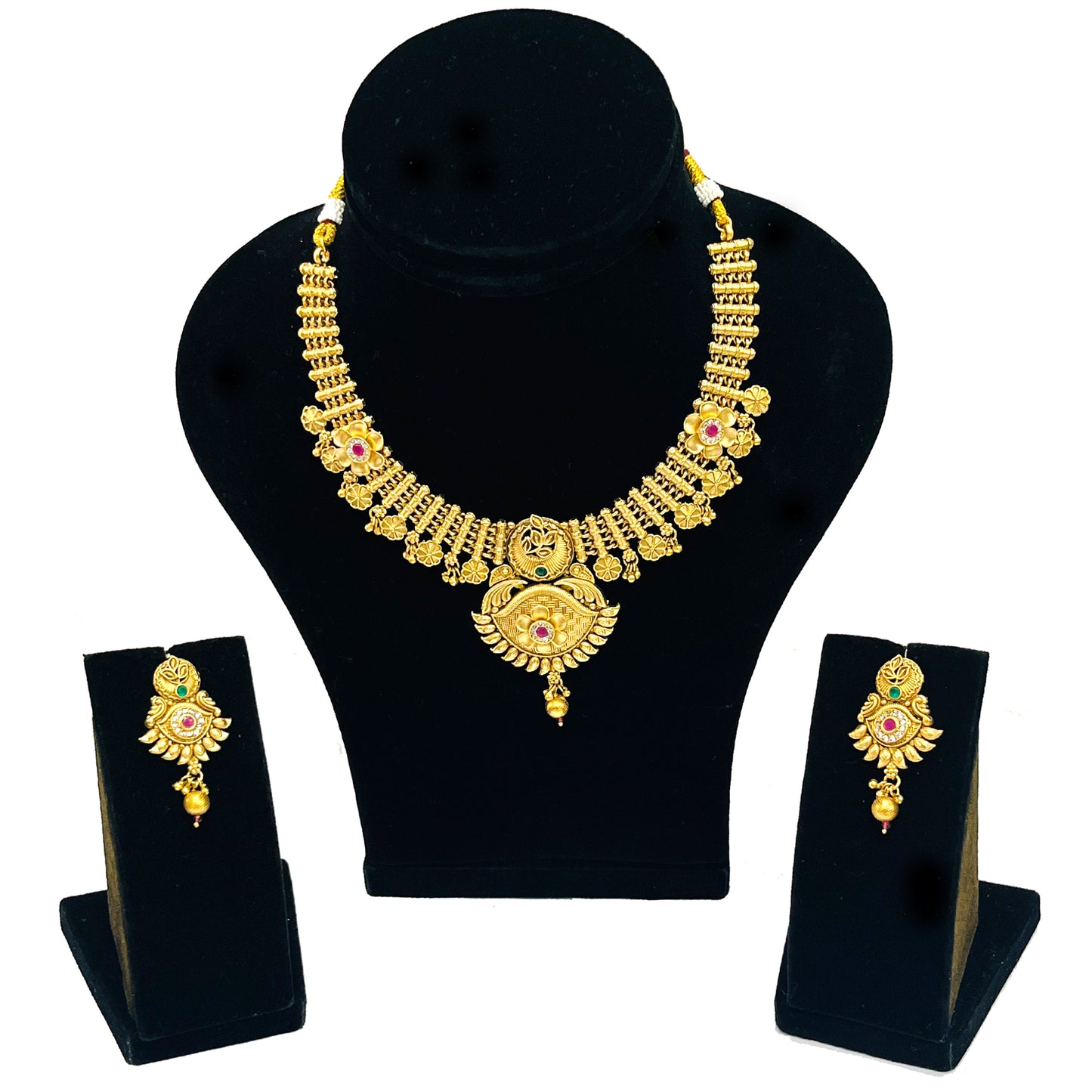 Nex Jewellers One Gram Micro Gold Plated Traditional South Indian Fashion Jewellery Stylish Ruby Emrald Stone Long Haram Set for Women & Girls