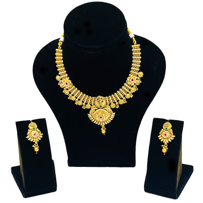Nex Jewellers One Gram Micro Gold Plated Traditional South Indian Fashion Jewellery Stylish Ruby Emrald Stone Long Haram Set for Women & Girls