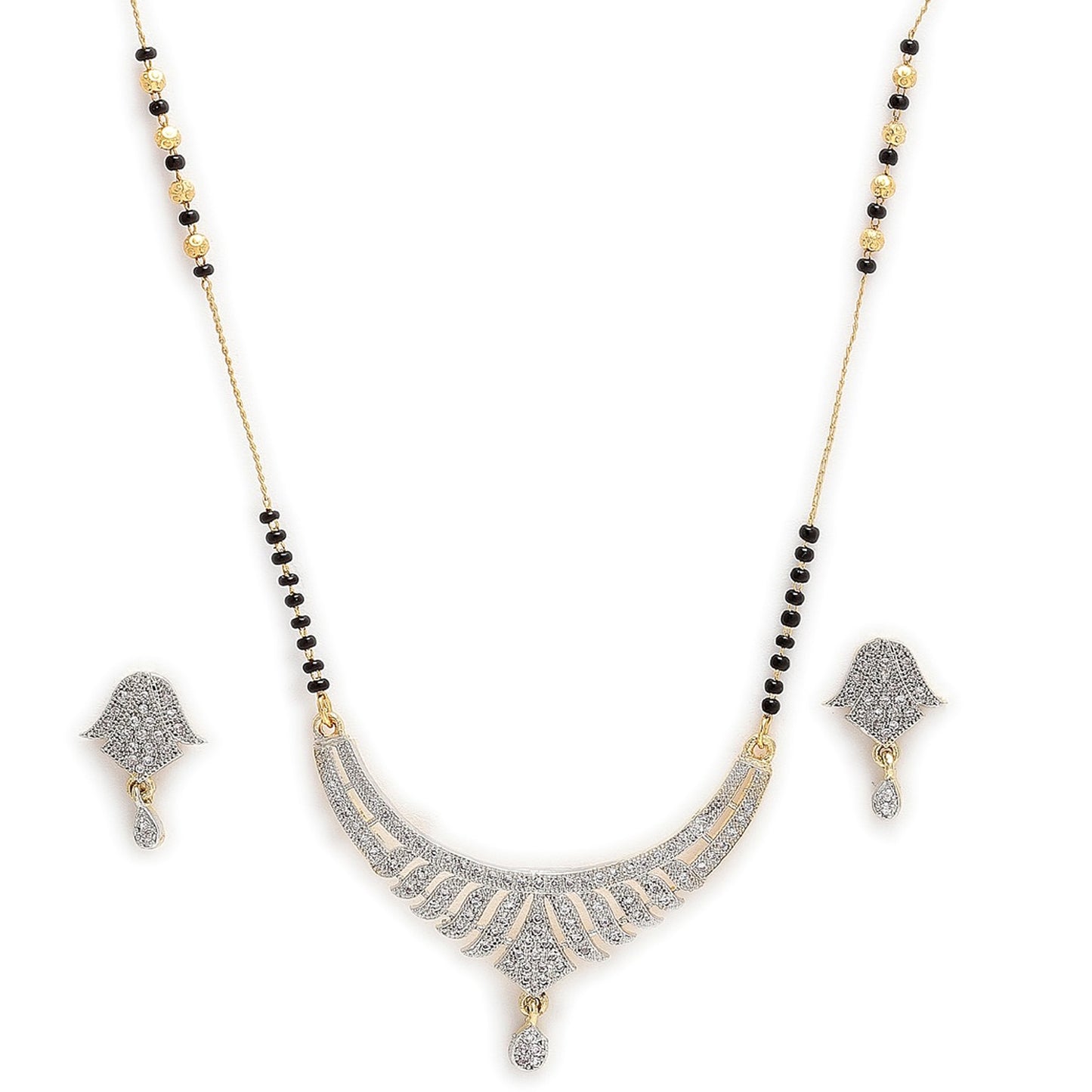 Nex Jewellers American Diamond Gold Plated Mangalsutra Pendant with Chain and Earrings Gold Plated Glorious Hand Meena 30 cm Long Mangalsutra/Tanmaniya/nallapusalu/Black Beads Mangalsutr for Women