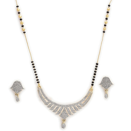 Nex Jewellers American Diamond Gold Plated Mangalsutra Pendant with Chain and Earrings Gold Plated Glorious Hand Meena 30 cm Long Mangalsutra/Tanmaniya/nallapusalu/Black Beads Mangalsutr for Women