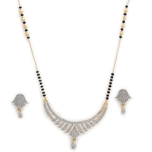 Nex Jewellers American Diamond Gold Plated Mangalsutra Pendant with Chain and Earrings Gold Plated Glorious Hand Meena 30 cm Long Mangalsutra/Tanmaniya/nallapusalu/Black Beads Mangalsutr for Women