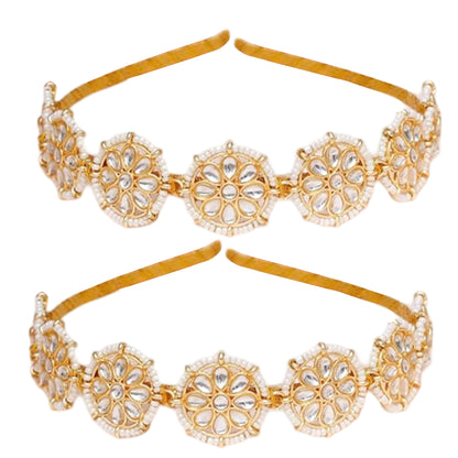 Nex Jewellers Floral Kundan Studded Matha Patti Sheesh Wedding Hairband Traditional Golden Celebrity Headband Hair accessory Jewellery for Women and Girls Non-Slip Unisex Fashion Adjustable Hoop Band (Pack of 2)