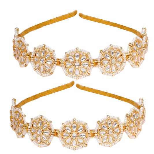 Nex Jewellers Floral Kundan Studded Matha Patti Sheesh Wedding Hairband Traditional Golden Celebrity Headband Hair accessory Jewellery for Women and Girls Non-Slip Unisex Fashion Adjustable Hoop Band (Pack of 2)