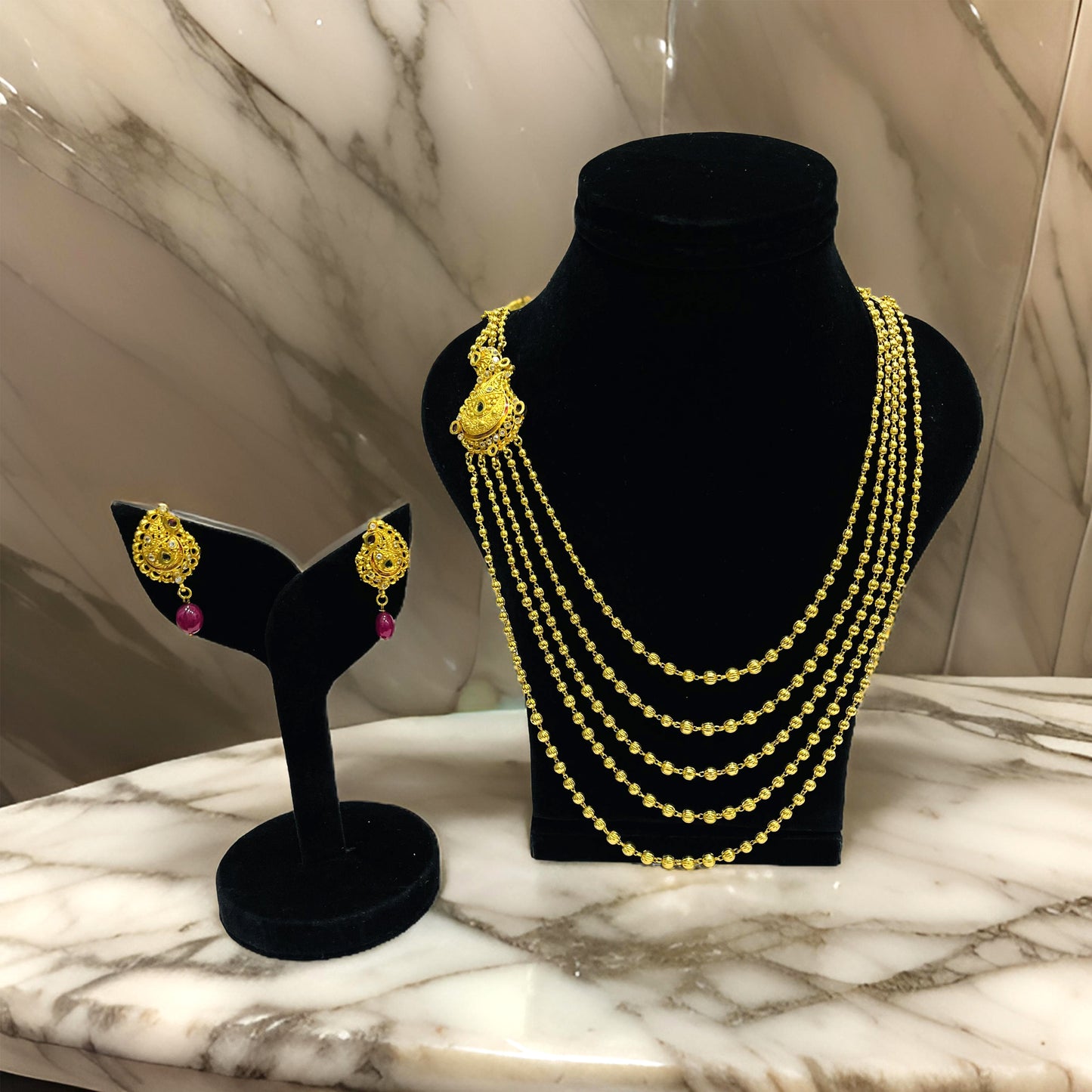 Nex JewellersOne Gram Gold with Brass Necklace & Earring Set for Women, Latest Stylish  5 String Gold Plated Necklace Traditional Necklace Jewellery Festive Wedding Party Necklace