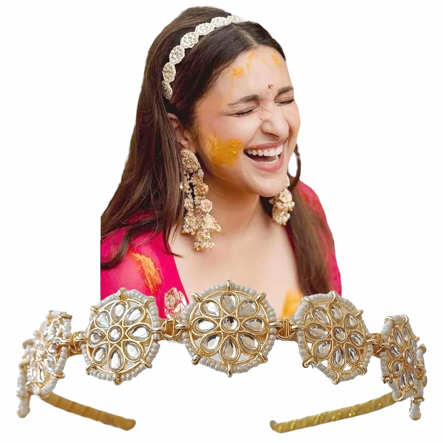 Nex Jewellers Floral Kundan Studded Matha Patti Sheesh Wedding Hairband Traditional Golden Celebrity Headband Hair accessory Jewellery for Women and Girls Non-Slip Unisex Fashion Adjustable Hoop Band (Pack of 2)