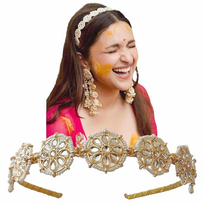 Nex Jewellers Floral Kundan Studded Matha Patti Sheesh Wedding Hairband Traditional Golden Celebrity Headband Hair accessory Jewellery for Women and Girls Non-Slip Unisex Fashion Adjustable Hoop Band (Pack of 2)