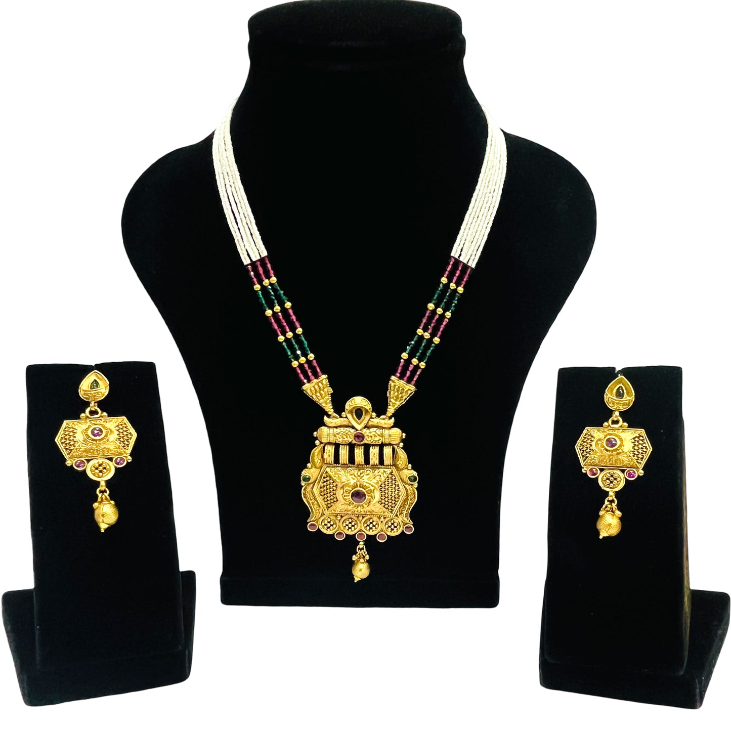 Nex Jewellers Womens Artificial Rajputana Rajasthani Traditional Ethnic Rajwadi Gold Plated Pearl Long Necklace Set Gold Plated Pearl Beaded Rani Haar Necklace Set Earring for Women