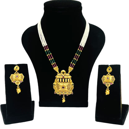 Nex Jewellers Womens Artificial Rajputana Rajasthani Traditional Ethnic Rajwadi Gold Plated Pearl Long Necklace Set Gold Plated Pearl Beaded Rani Haar Necklace Set Earring for Women