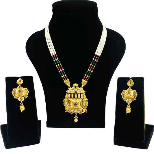 Nex Jewellers Womens Artificial Rajputana Rajasthani Traditional Ethnic Rajwadi Gold Plated Pearl Long Necklace Set Gold Plated Pearl Beaded Rani Haar Necklace Set Earring for Women