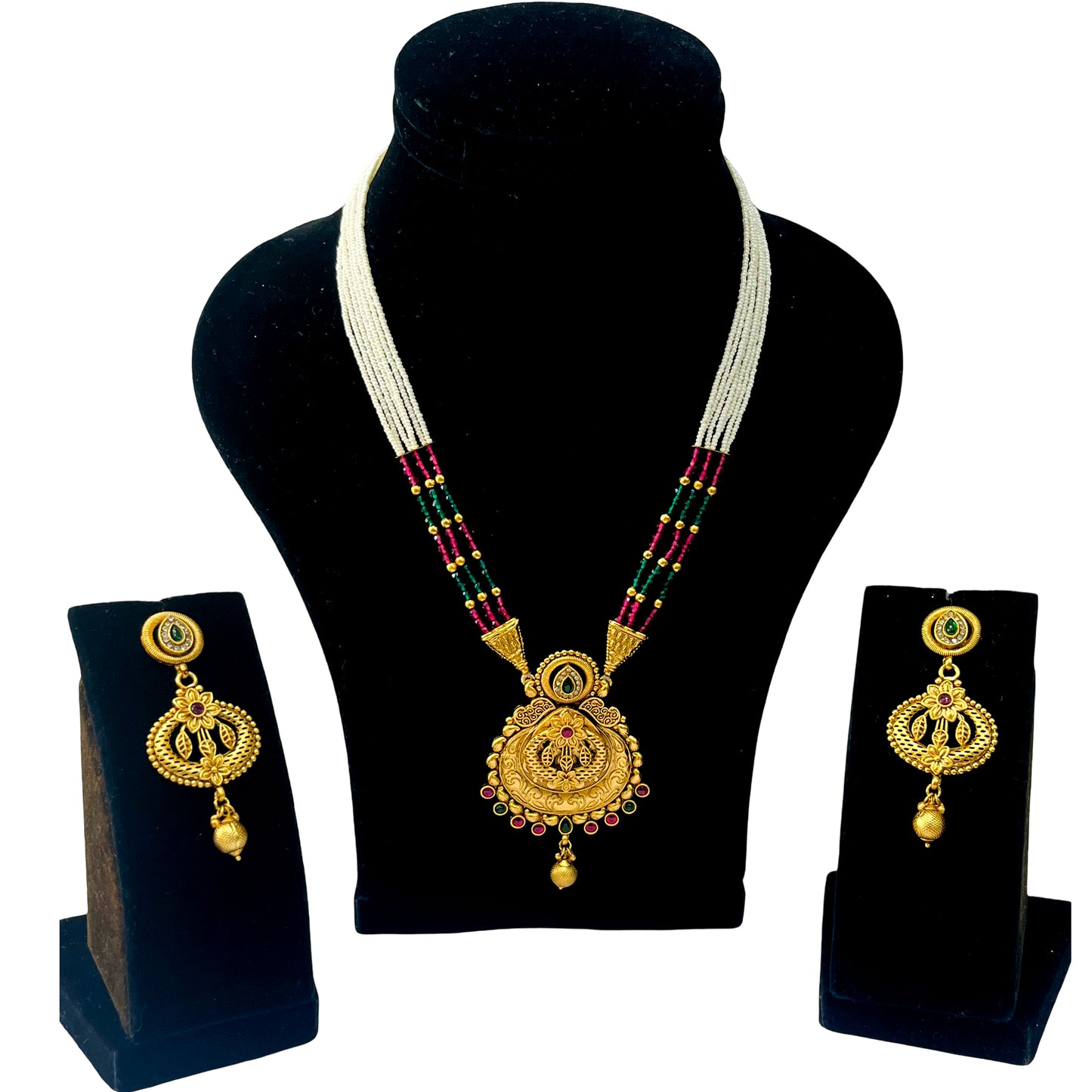 Nex Jewellers Womens Artificial Jadau Jewellery Ethnic Rajwadi Gold Plated Pearl Long Necklace Set Gold Plated Pearl Beaded Rani Haar Necklace Set Earring for Women