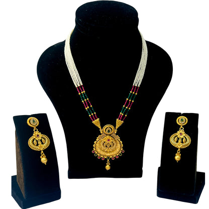 Nex Jewellers Womens Artificial Jadau Jewellery Ethnic Rajwadi Gold Plated Pearl Long Necklace Set Gold Plated Pearl Beaded Rani Haar Necklace Set Earring for Women